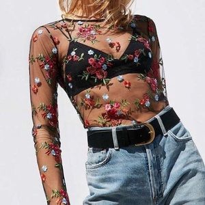 Kimchi Blue mesh long-sleeve top with floral embroidery